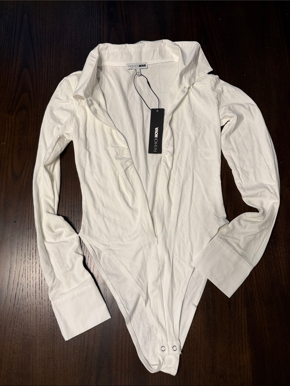Fashion Nova White Long Sleeve Collared Bodysuit